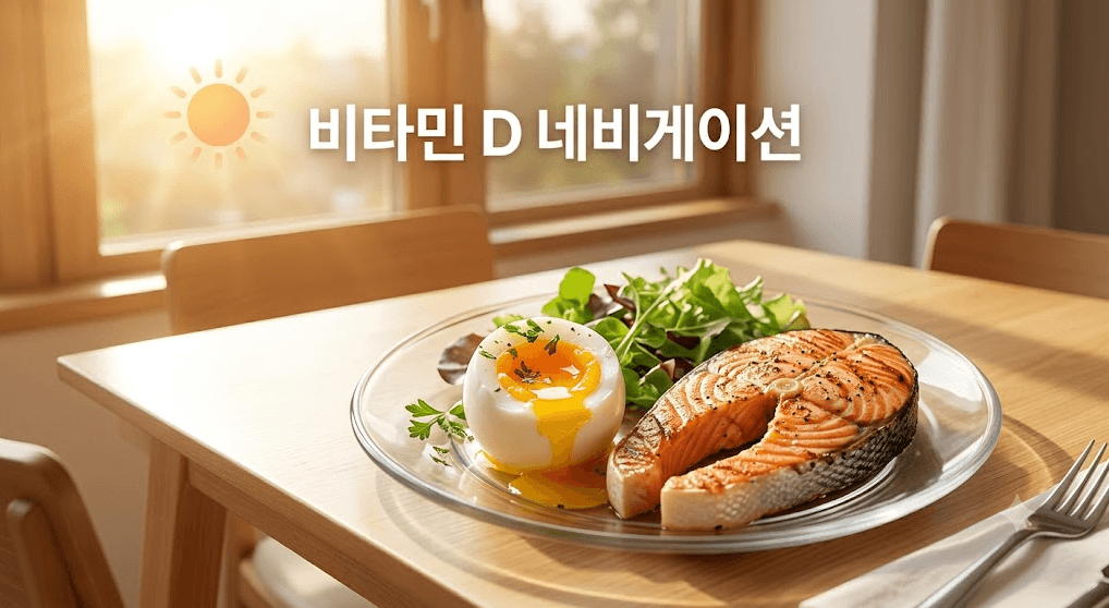 장에 흡수된 칼슘을 뼈로 인도하는 비타민 D가 풍부한 음식인 계란노른자, 연어 식단과 하루 20분 햇볕 쬐기 루틴을 추천하는 건강한 아침 식탁 이미지