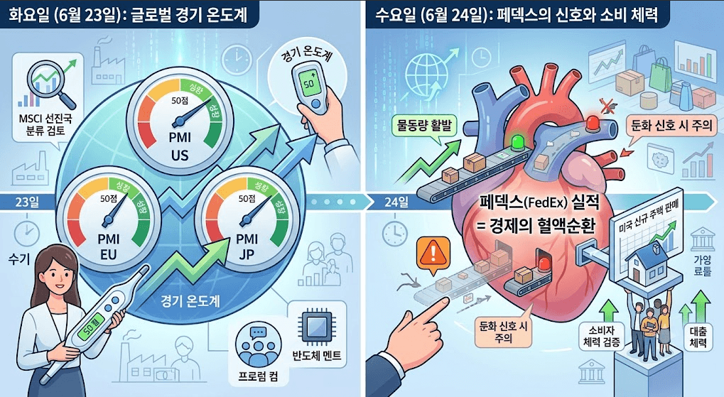 주간 경제 일정 중 화요일과 수요일의 핵심 매크로 지표 및 기업 실적 발표 일정을 직관적으로 비교 분석한 2분할 금융 인포그래픽 가이드 이미지. 차분하고 정돈된 일러스트 스타일과 가독성 높은 한글 타이포그래피가 특징입니다.