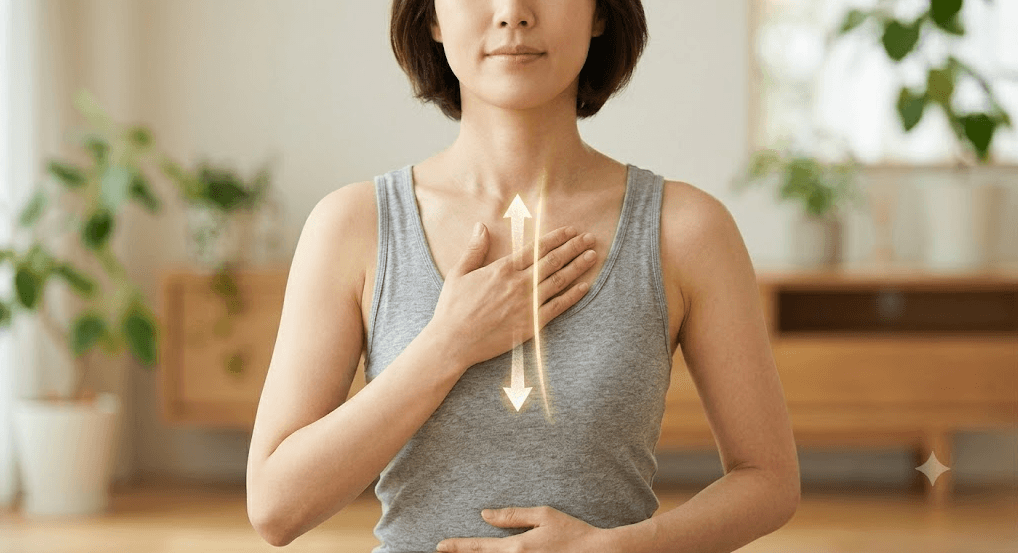 스트레스와 화병 완화 및 상체 순환을 위해 가슴 중앙의 흉골 라인을 따라 손끝으로 위아래로 살살 쓸어내리는 림프 마사지 동작 가이드