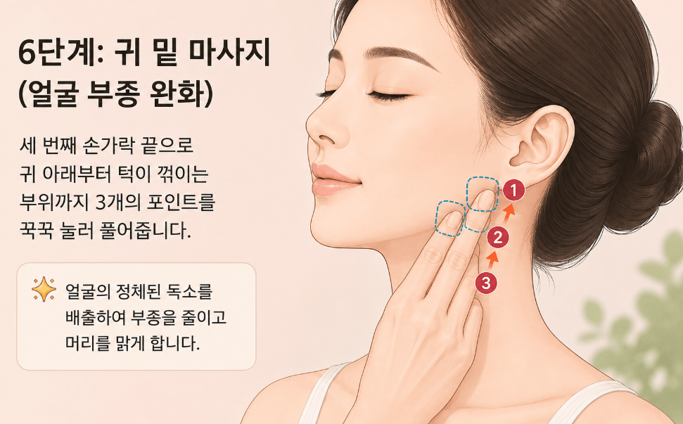 세 번째 손가락 끝을 귀밑 오목한 지점에 밀착시켜 깊숙하게 지압하며 얼굴 노폐물을 순환시키는 6단계 귀 밑 마사지 가이드 이미지. '6단계: 귀 밑 마사지'라는 명확한 한글 문구가 포함되어 있다.