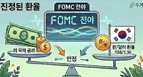 '진정된 환율'이라는 한글 타이틀과 함께 양팔 저울이 완벽한 수평을 이루며 시장의 안정을 상징하고 있다. 저물어가는 'FOMC 전야'의 잔물결 그래프 화면을 중심으로 왼쪽 저울추에는 미 국채 금리 안정과 달러 지폐, 오른쪽 저울추에는 든든한 태극기 기와 원화 동전이 놓여 있어 극단적인 자금 쏠림이 멈추고 환율이 하향 안정화되는 외환시장의 모습을 시각화했다.