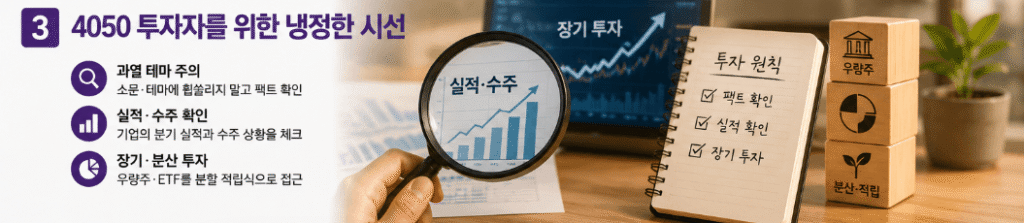 소문과 테마에 휩쓸리지 않는 과열 테마 주의, 기업의 분기 실적 및 수주 확인, 우량주와 ETF 중심의 장기 분산 투자를 제안하는 4050 투자자를 위한 냉정한 시선 요약 그래픽