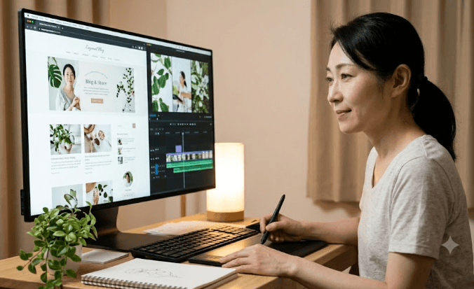 번아웃 트라우마를 극복하고 컴퓨터 앞에 당당히 앉아 블로그 글을 쓰고 유튜브 숏츠 영상을 제작하며 완벽한 '디지털 자아'를 되찾은 4050 여성 크리에이터의 행복한 디지털 아지트 공간 공간 이미지.