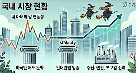 '국내 시장 현황'이라는 대제목과 '네 마녀의 날 변동성'이라는 부제목이 적힌 화면. 빗자루를 타고 날아가는 귀여운 마녀 캐릭터 둘이 증시의 단기 변동성을 나타내며 차트가 일시적으로 흔들리지만, 이내 굵은 파란색 화살표를 따라 우상향하며 펀더멘털의 힘으로 극복하는 모습을 보여준다. 하단에는 '외국인 매도 둔화', '펀더멘털 입증' 문구와 함께 이를 지탱하는 단단한 그리스식 신전 기둥, 그리고 체력이 입증된 '조선, 원전, 초고압 전력' 섹터를 상징하는 견고한 공장 아이콘이 정돈되어 있다.