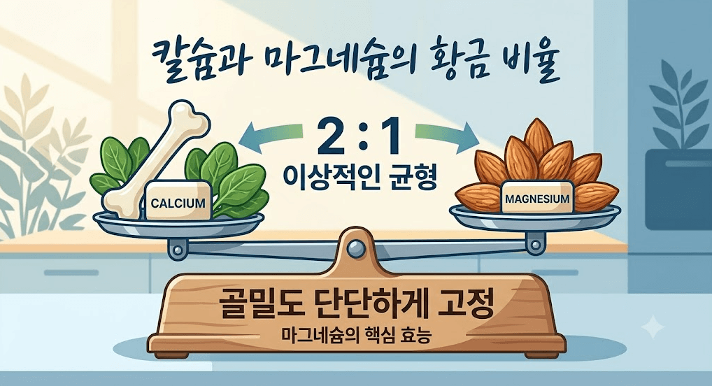칼슘과 마그네슘의 2대 1 이상적인 섭취 비율을 시각화하고, 뼈를 튼튼하게 고정해 주는 마그네슘 급원 식품인 시금치와 아몬드를 소개하는 뼈 건강 인포그래픽