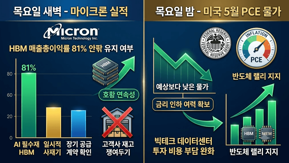 주간 경제 일정 중 가장 변동성이 클 것으로 예상되는 목요일의 두 가지 핵심 시험대(새벽 마이크론 실적 발표 및 밤 미국 5월 PCE 물가지수 발표)를 시각화한 2분할 금융 인포그래픽 가이드 이미지. 차분하고 신뢰감을 주는 색조와 가독성 높은 한글 타이포그래피가 특징입니다.
