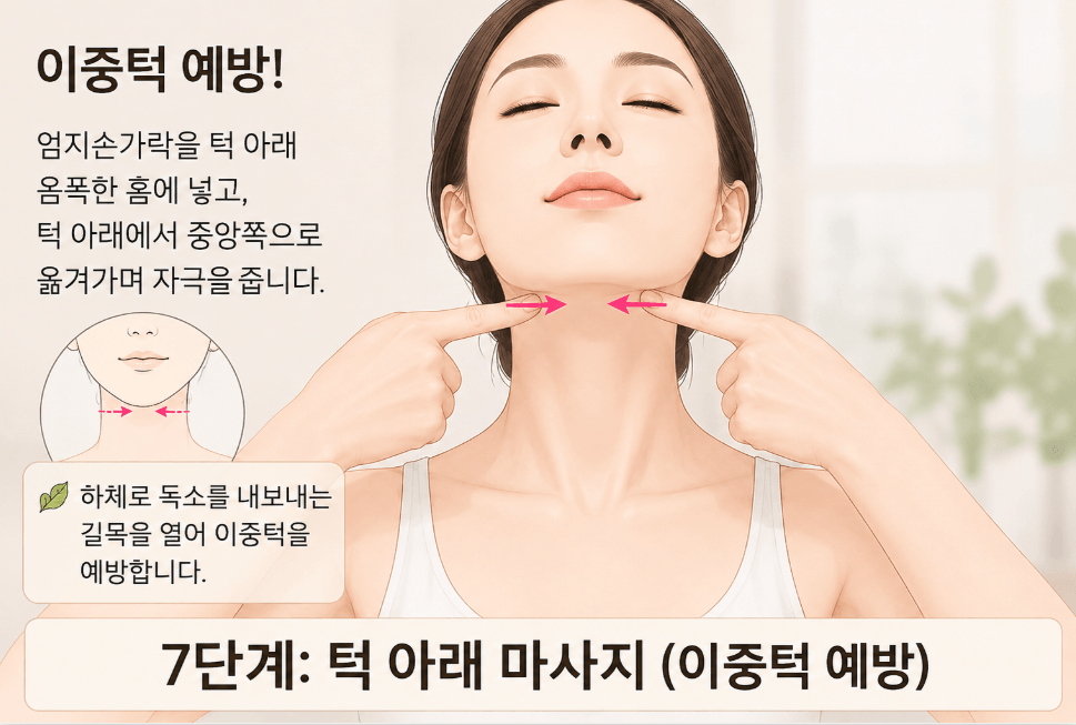 양손 엄지손가락을 턱 아래쪽 홈에 깊숙이 넣고 꼭꼭 누르며 턱밑 림프 순환을 돕는 7단계 턱 아래 마사지 안내 이미지. '7단계: 턱 아래 마사지'라는 명확한 한글 문구가 포함되어 있다.
