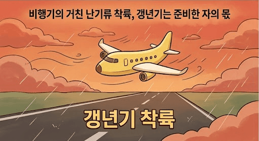 [4050 THE HEALTH] 거센 먹구름과 난기류 속에서 흔들리며 '갱년기 착륙'이라고 적힌 활주로를 향해 내려오는 바나나 모양 비행기의 모습을 통해 몸을 돌보지 못해 겪는 거친 갱년기 이행기를 비유한 일러스트.