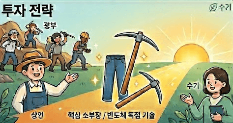 '투자 전략'이라는 한글 타이틀 아래, 황금빛 아침 햇살이 떠오르는 넓은 평야와 길을 배경으로 한 화면. 뒤쪽에는 금을 캐러 가는 여러 명의 '광부' 캐릭터들이 걸어가고 있고, 앞쪽에는 미소를 지으며 청바지를 들고 있는 지혜로운 '상인' 캐릭터가 서 있다. 그 옆으로 커다란 '청바지'와 '곡괭이' 아이콘이 배치되어 있으며, 하단에는 '핵심 소부장 / 반도체 독점 기술'이라는 문구와 함께 똑똑한 투자자인 수기님이 온화한 미소로 독자들에게 지혜로운 마무리 인사말을 건네고 있다.