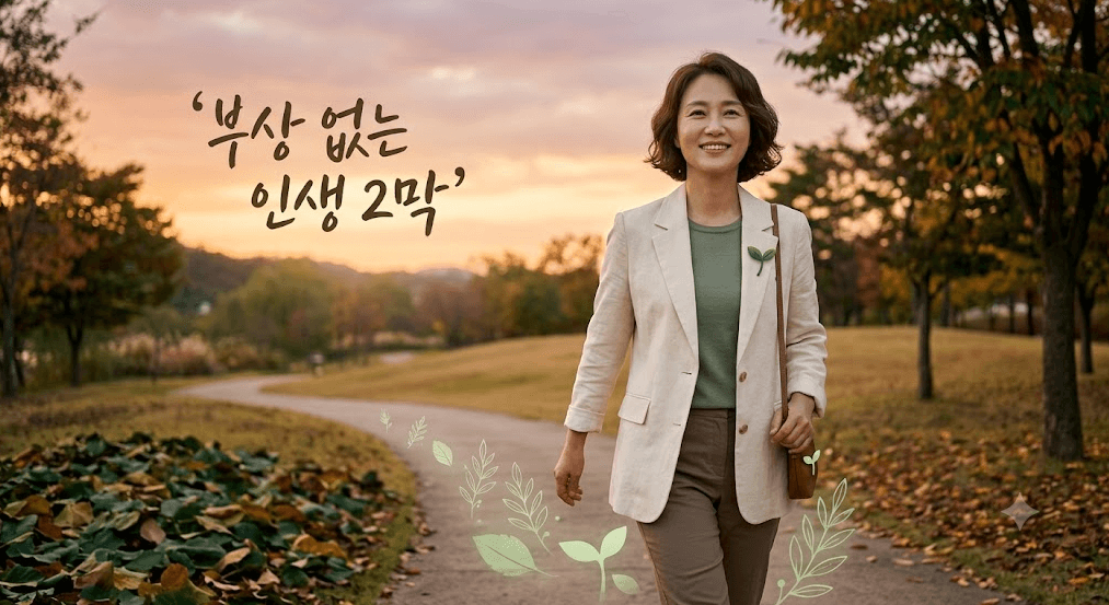 갱년기 호르몬 변화 속에서도 지혜로운 식단과 자기 관리를 통해 부상 없이 당당하게 인생 2막을 도약하는 여성을 표현한 따뜻한 무드의 마무리 이미지