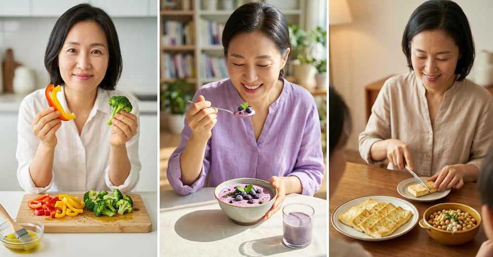 갱년기 피부 탄력과 콜라겐 합성을 돕는 3대 이너뷰티 항산화 식단 설명 사진: 왼쪽부터 비타민C가 풍부한 파프리카와 브로콜리 조리 과정, 세포 노화를 막아주는 안토시아닌 가득한 블루베리 요거트 섭취, 피부 진피층 장벽을 채워주는 두부 구이와 병아리콩 식탁 가이드