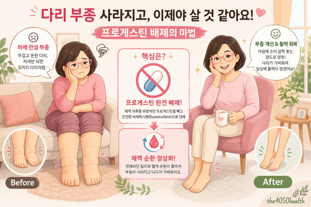 듀아이브 복용 후 다리 부종 개선 효과와 프로게스틴 배제 원리를 설명하는 인포그래픽 이미지. 프로게스틴을 뺀 바제독시펜 대체로 체액 저류를 막고 림프·혈액 순환이 정상화되어 부은 다리가 가벼워지는 전후 변화를 보여줌.