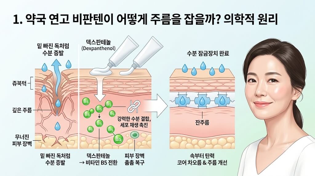 덱스판테놀 성분이 비타민 B5로 전환되어 무너진 피부 장벽을 촘촘히 복구하고, 강력한 수분 결합 및 세포 재생 촉진을 통해 속부터 탄력 코어가 차오르며 잔주름과 깊은 주름을 개선하는 의학적 원리 요약 이미지