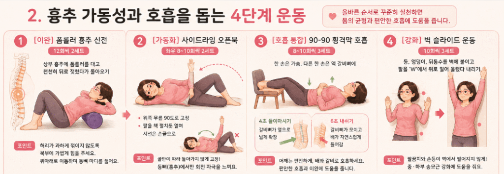 흉추 가동성과 호흡을 돕는 4단계 운동법을 설명하는 인포그래픽 이미지. 1단계 폼롤러 흉추 신전, 2단계 사이드라잉 오픈북, 3단계 90-90 횡격막 호흡, 4단계 벽 슬라이드 운동의 동작 순서와 핵심 포인트(주의사항)를 시각적으로 정리함.