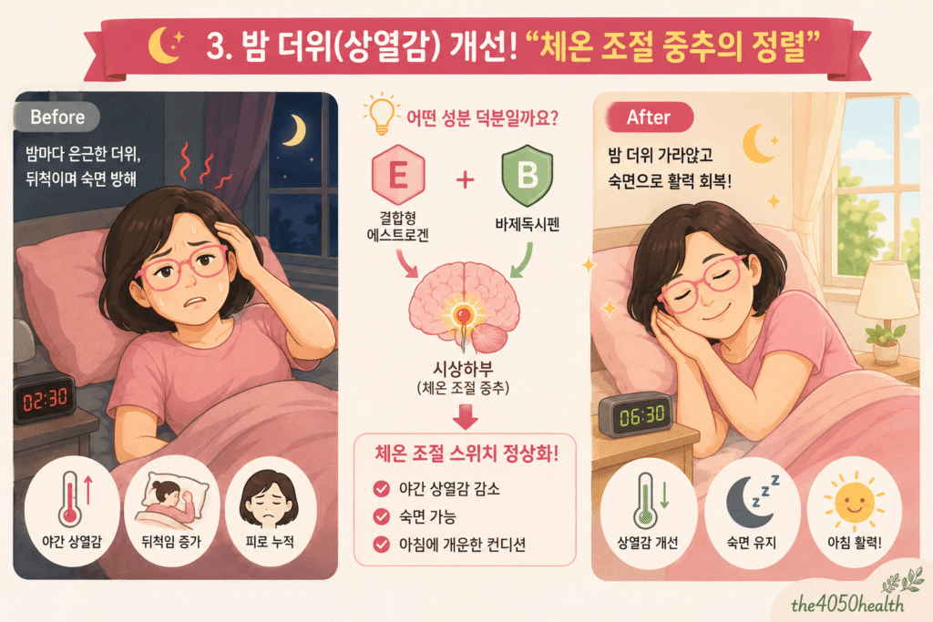 듀아이브의 결합형 에스트로겐과 바제독시펜 성분이 뇌 시상하부의 체온 조절 스위치를 정상화하는 원리를 설명한 인포그래픽 이미지. 밤마다 야간 상열감으로 뒤척이던 증상이 개선되어 푹 자고 아침 활력을 회복한 전후 변화를 비교함.