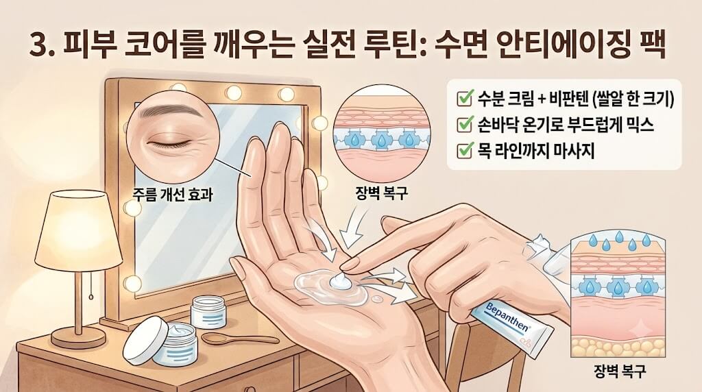 화장대 앞에서 수분 크림과 비판텐 연고를 쌀알 한 크기만큼 소량 덜어 손바닥 온기로 믹스한 뒤 목 라인까지 마사지하여 주름 개선과 피부 장벽 복구 효과를 내는 수면 안티에이징 팩 실전 루틴 안내 그래픽