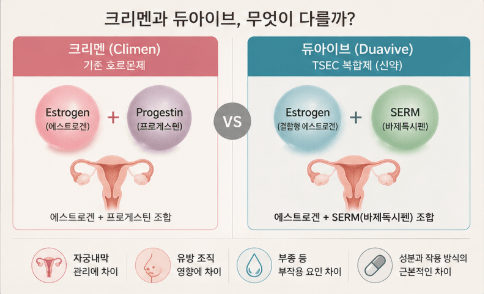 갱년기 호르몬제 크리멘과 듀아이브의 성분 구성과 작용 방식 차이 비교