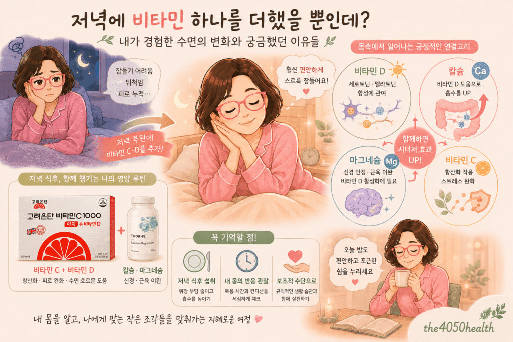 갱년기 여성의 저녁 영양제 루틴과 수면 변화를 표현한 일러스트. 비타민 C·D 복합제와 칼슘·마그네슘을 저녁 식후 섭취한 뒤 잠들기가 한결 편안해진 개인 경험과 각 영양소의 역할을 보여주는 이미지.
