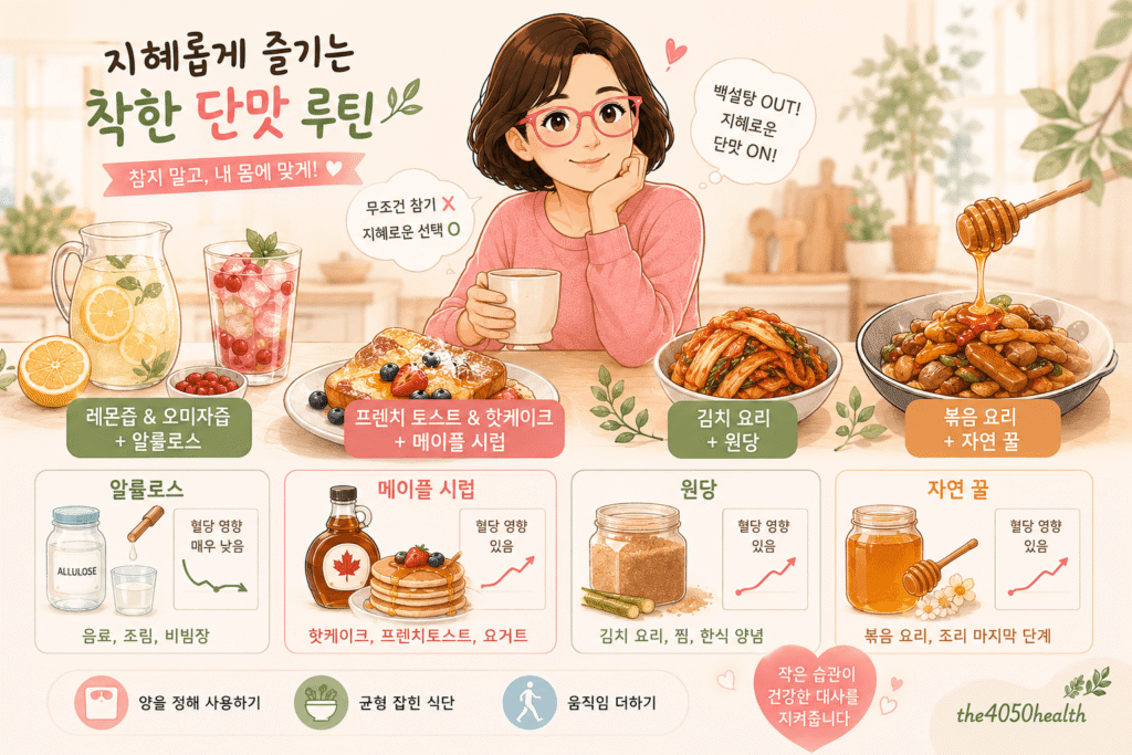 지혜롭게 즐기는 감미료 활용법을 설명하는 인포그래픽 이미지. 1) 알룰로스(혈당 영향 매우 낮음, 음료·조림·비빔장), 2) 메이플 시럽(혈당 영향 있음, 핫케이크·요거트), 3) 원당(혈당 영향 있음, 김치 요리·한식 양념), 4) 자연 꿀(혈당 영향 있음, 볶음 요리·조리 마지막 단계)의 혈당 영향 및 요리별 추천 활용법을 시각화함.