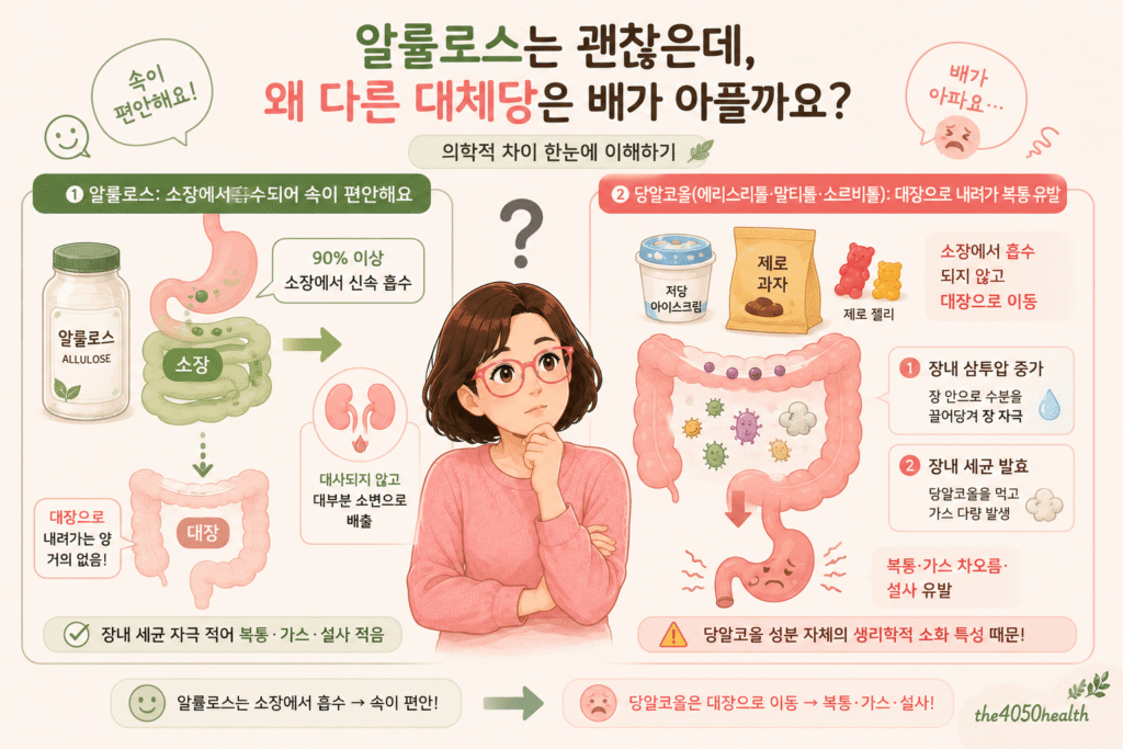 알룰로스와 당알코올의 소화·흡수 차이를 비교한 일러스트. 알룰로스는 주로 소장에서 흡수되는 반면, 일부 당알코올은 대장으로 이동해 가스·복부팽만·설사 등 소화 불편을 일으킬 수 있는 원리를 설명한 이미지.