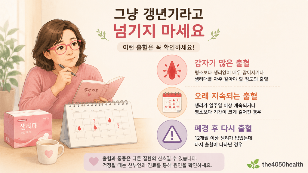 갱년기 여성에게 산부인과 확인이 필요한 갑자기 많은 출혈, 오래 지속되는 출혈, 폐경 후 출혈