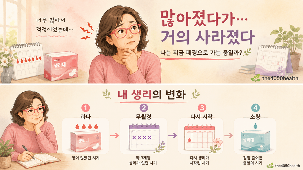 갱년기 폐경 이행기에 생리량이 많아졌다가 점차 줄어드는 변화를 경험하는 40대 후반 여성갱년기 폐경 이행기 동안 과다출혈, 3개월 무월경, 생리 재개, 소량 출혈로 변화한 생리 주기