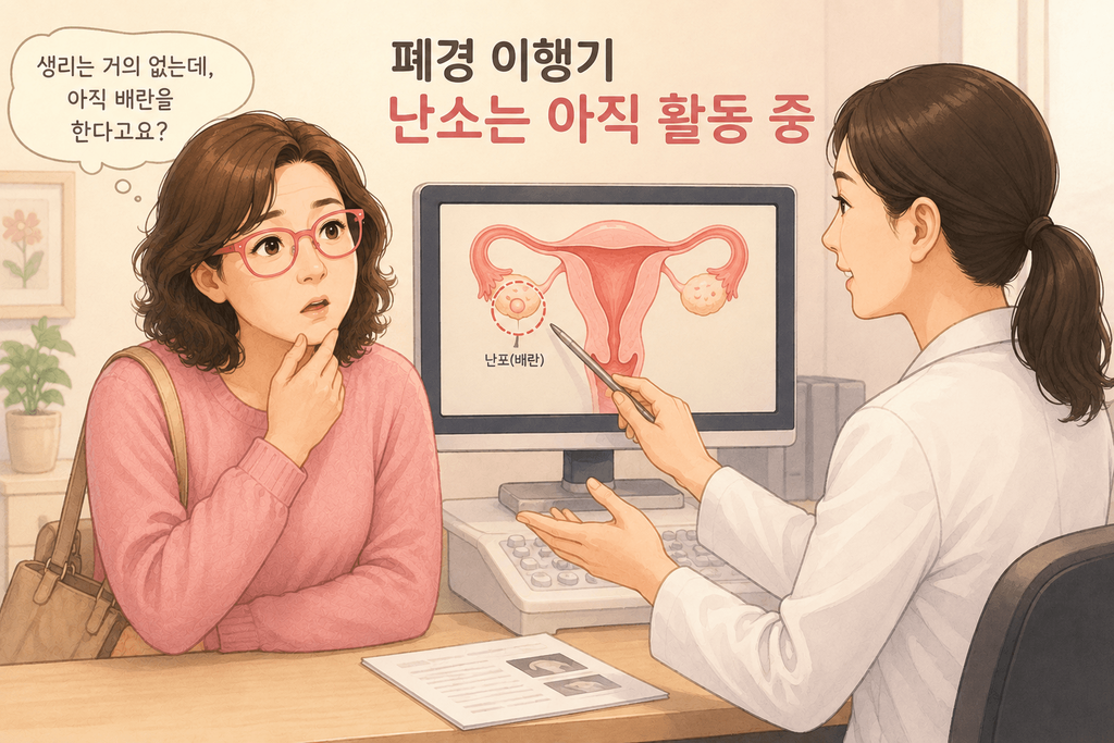 폐경 이행기 생리 변화와 배란이 지속될 수 있는 이유를 설명하는 40대 후반 여성의 갱년기 일러스트