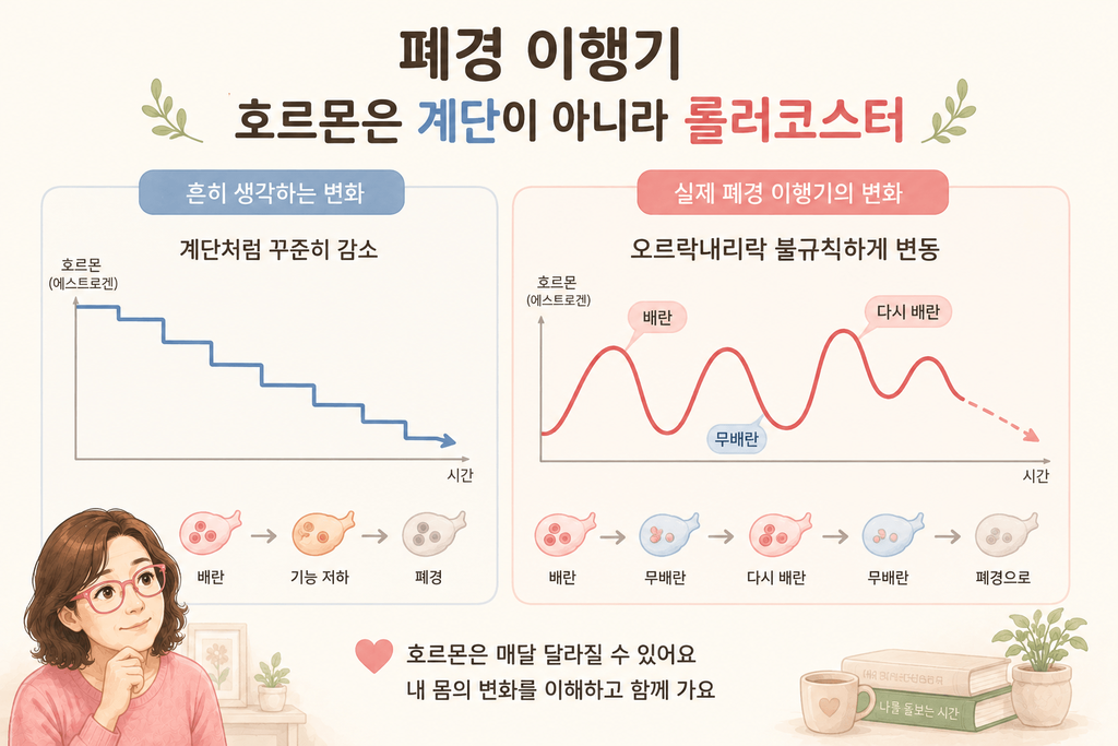 폐경 이행기 여성호르몬이 일정하게 감소하지 않고 불규칙하게 변동하며 배란과 무배란이 반복될 수 있음을 보여주는 일러스트