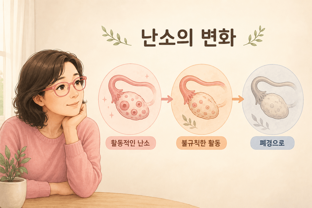 폐경 이행기 난소가 활발한 상태에서 불규칙한 활동을 거쳐 폐경으로 변화하는 과정을 보여주는 일러스트