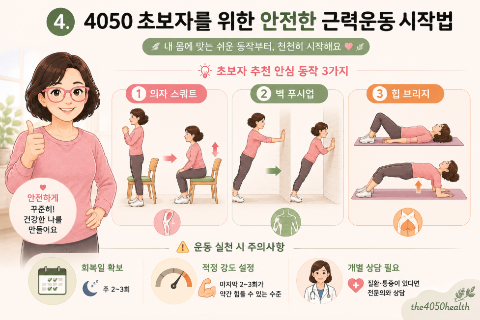 4050 초보자를 위한 안전한 근력운동 시작법을 안내하는 인포그래픽 이미지. 1) 의자 스쿼트, 2) 벽 푸시업, 3) 힙 브리지 등 초보자 추천 안심 동작 3가지와 함께 주 2~3회 회복일 확보, 적정 강도 설정, 전문 의료진 상담 등 실천 주의사항을 설명함.